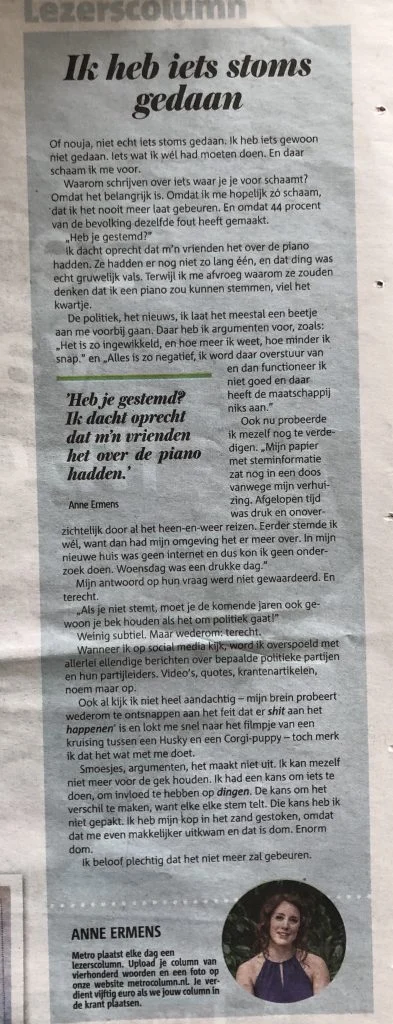 Anne Ermens, In de krant, Metro, Winaar Lezerscolumn